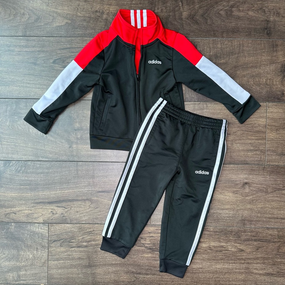 Adidas Classic Toddler Track Suit - 2T - Black Red White Track Jacket & Pants